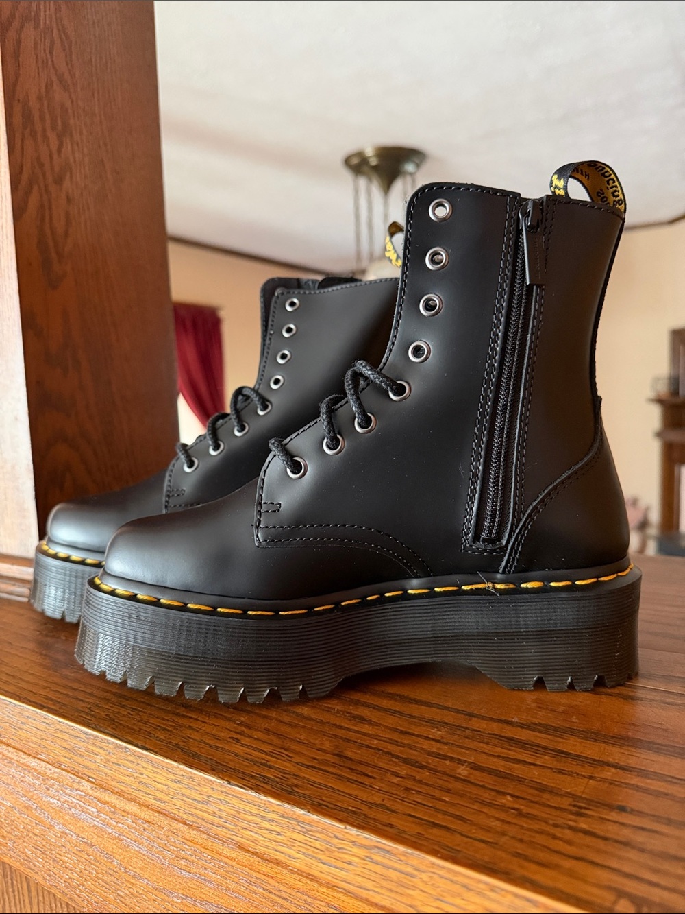 Dr. Martens Jadon Black Lace-Up Platform Boot with Yellow Welt Stitching - Picture 4 of 7